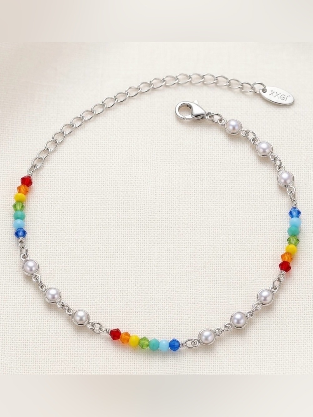 3/$40! Rainbow Crystal & Pearl Anklet Platinum Plated - Water Resistant Summer